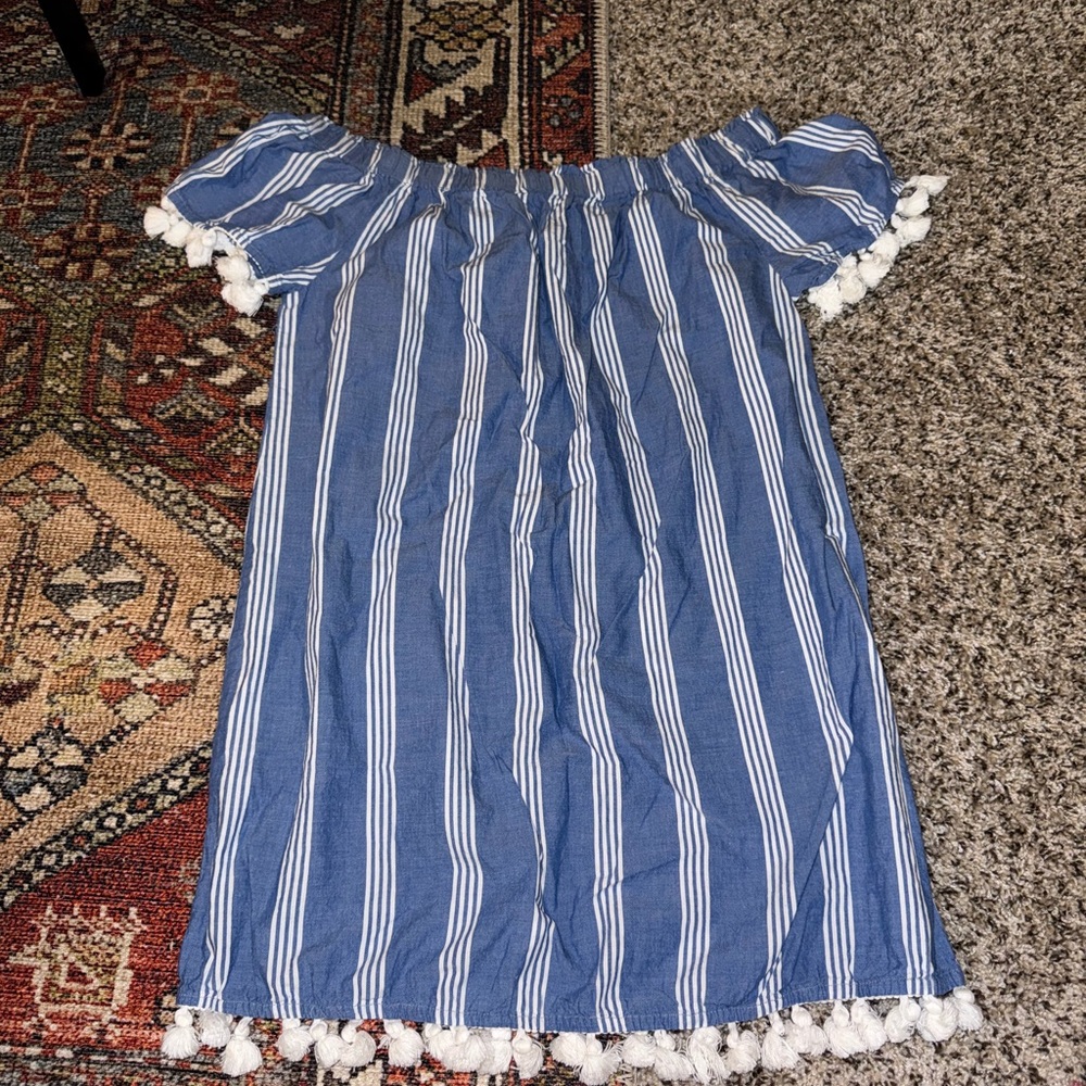 Blue Striped Off-Shoulder Dress with Pom Poms